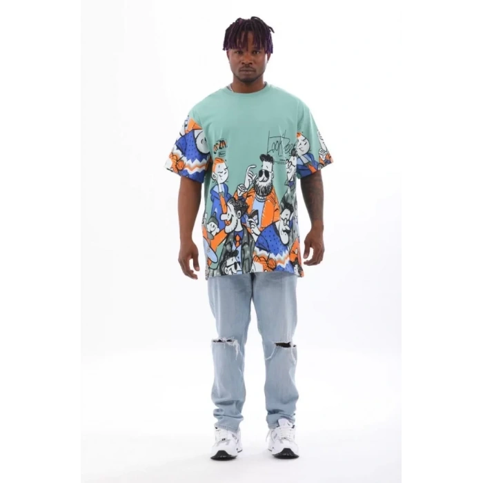 Unisex Oversize Baskılı Bisiklet Yaka Thirt  int Yeşili
