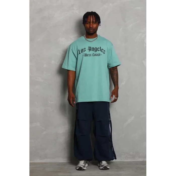 Unisex Oversize Baskılı Bisiklet Yaka Thirt  int Yeşili