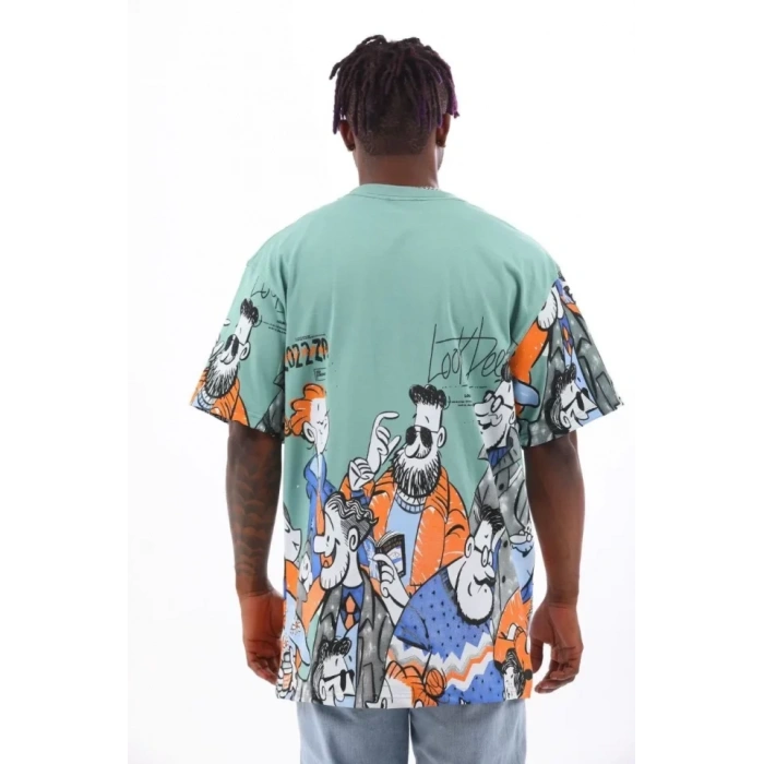 Unisex Oversize Baskılı Bisiklet Yaka Thirt  int Yeşili