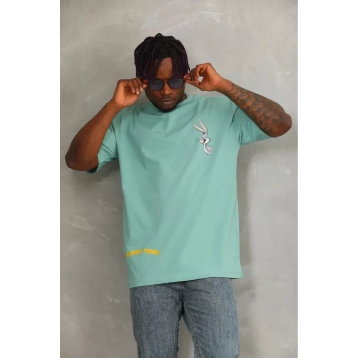 Unisex Oversize Baskılı Bisiklet Yaka Thirt  int Yeşili