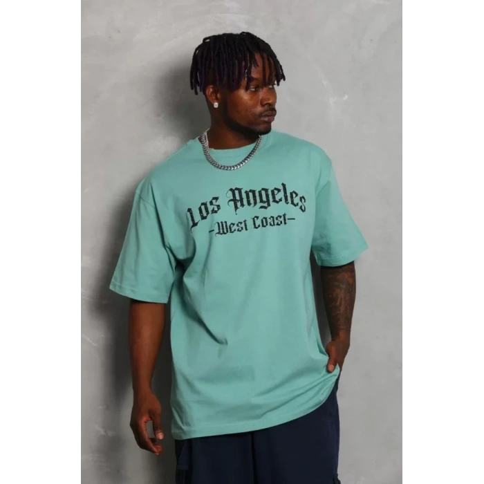 Unisex Oversize Baskılı Bisiklet Yaka Thirt  int Yeşili