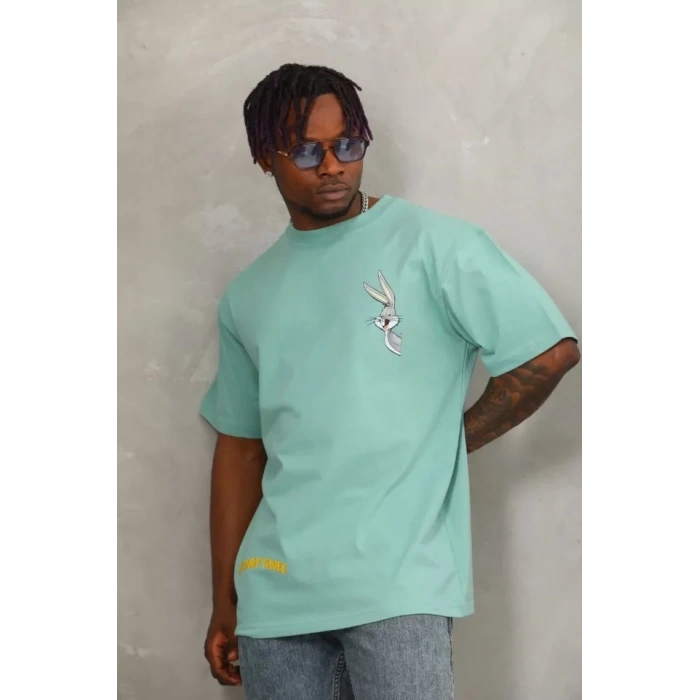 Unisex Oversize Baskılı Bisiklet Yaka Thirt  int Yeşili