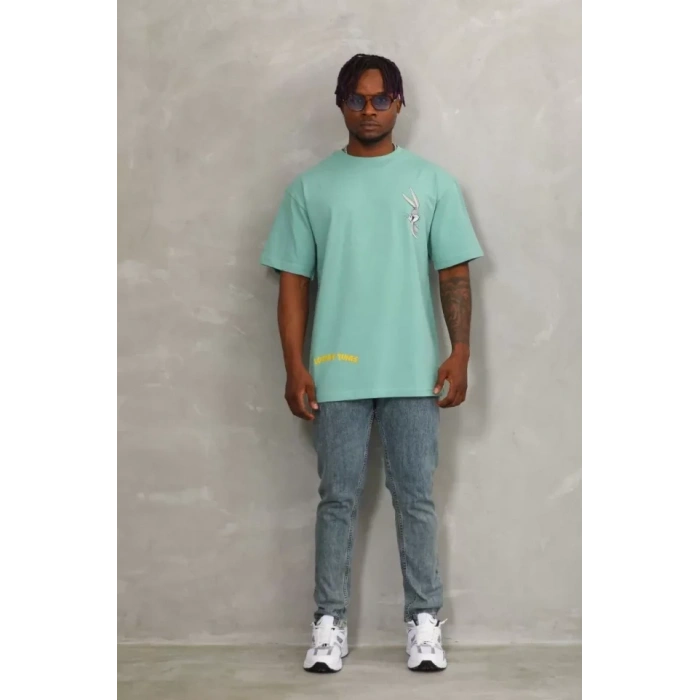 Unisex Oversize Baskılı Bisiklet Yaka Thirt  int Yeşili