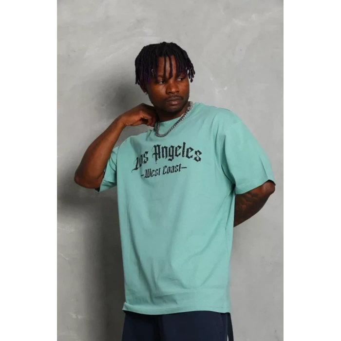 Unisex Oversize Baskılı Bisiklet Yaka Thirt  int Yeşili