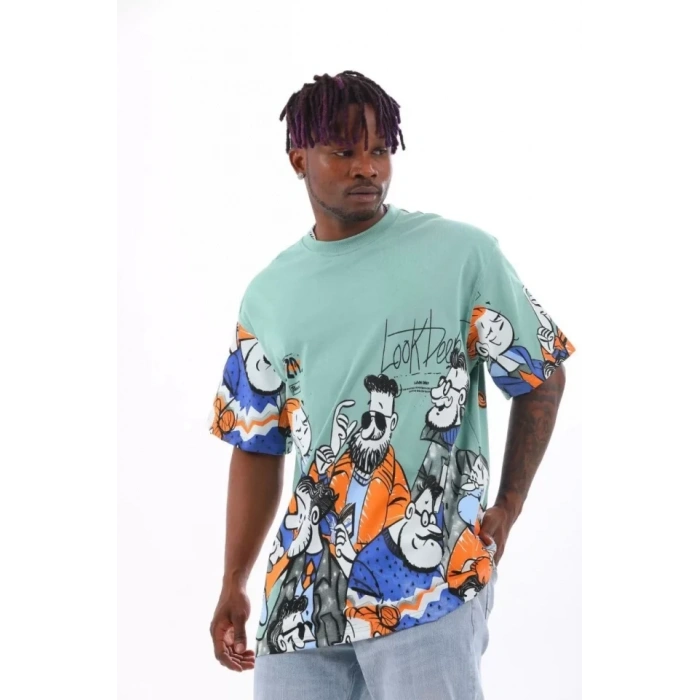 Unisex Oversize Baskılı Bisiklet Yaka Thirt  int Yeşili