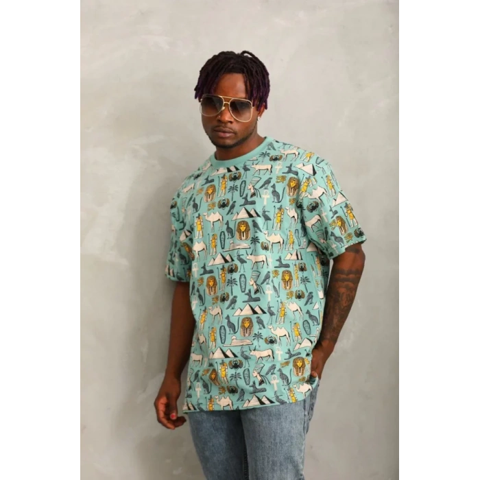 Unisex Oversize Baskılı Bisiklet Yaka Thirt  int Yeşili