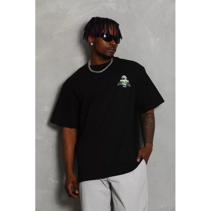 Unisex Oversize Baskılı Bisiklet Yaka Thirt  iyah