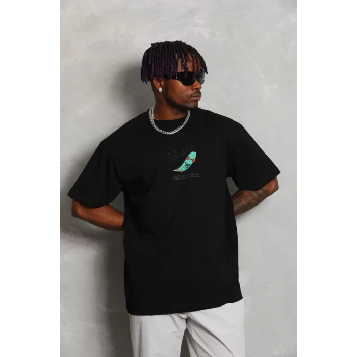 Unisex Oversize Baskılı Bisiklet Yaka Thirt  iyah