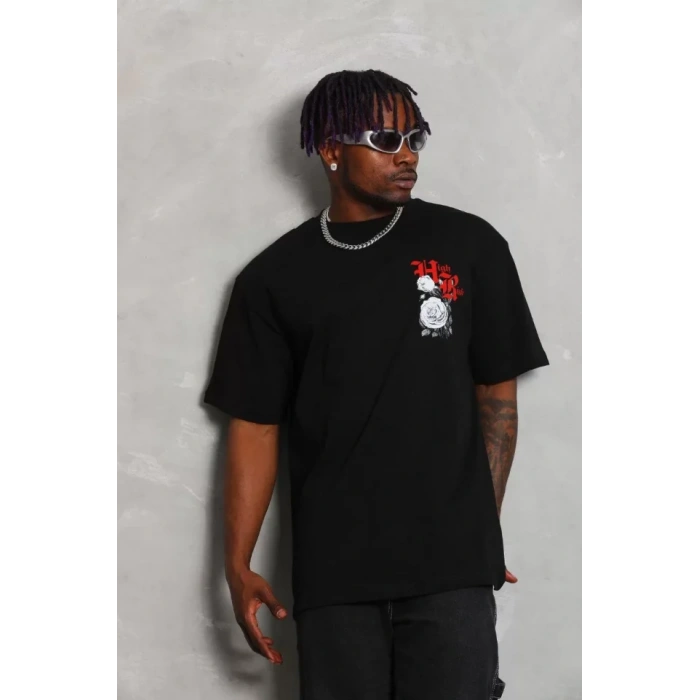 Unisex Oversize Baskılı Bisiklet Yaka Thirt  iyah