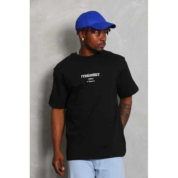 Unisex Oversize Baskılı Bisiklet Yaka Thirt  iyah