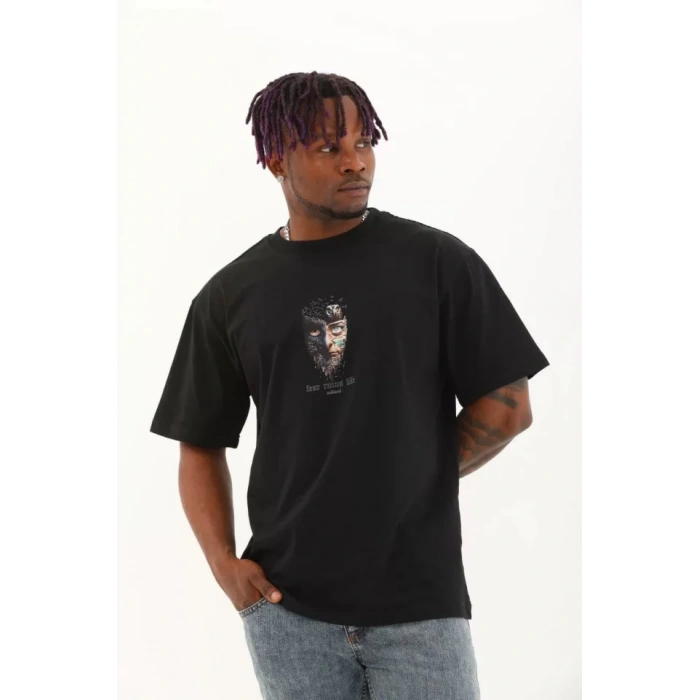 Unisex Oversize Baskılı Bisiklet Yaka Thirt  iyah