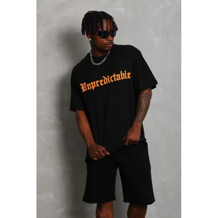 Unisex Oversize Baskılı Bisiklet Yaka Thirt  iyah