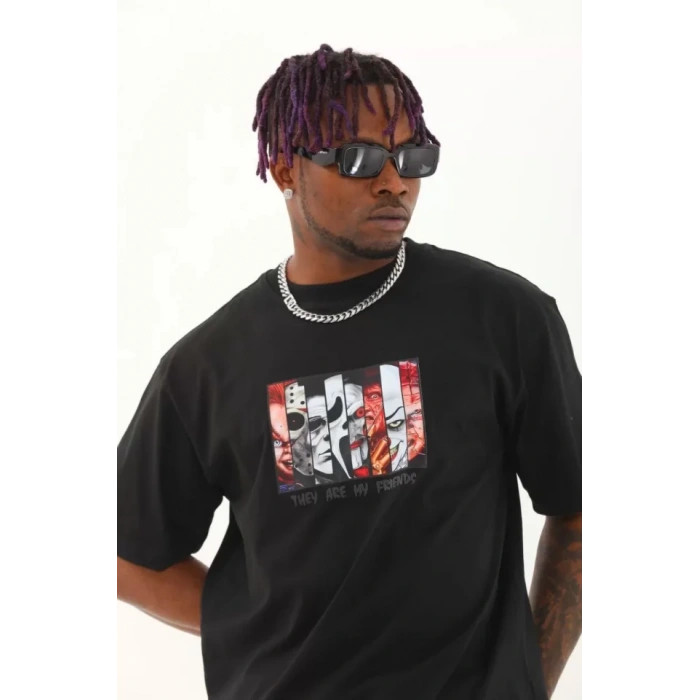 Unisex Oversize Baskılı Bisiklet Yaka Thirt  iyah