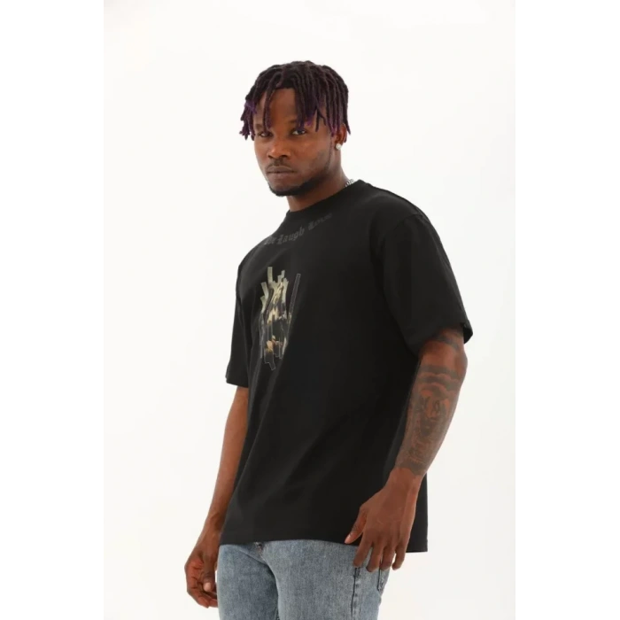 Unisex Oversize Baskılı Bisiklet Yaka Thirt  iyah