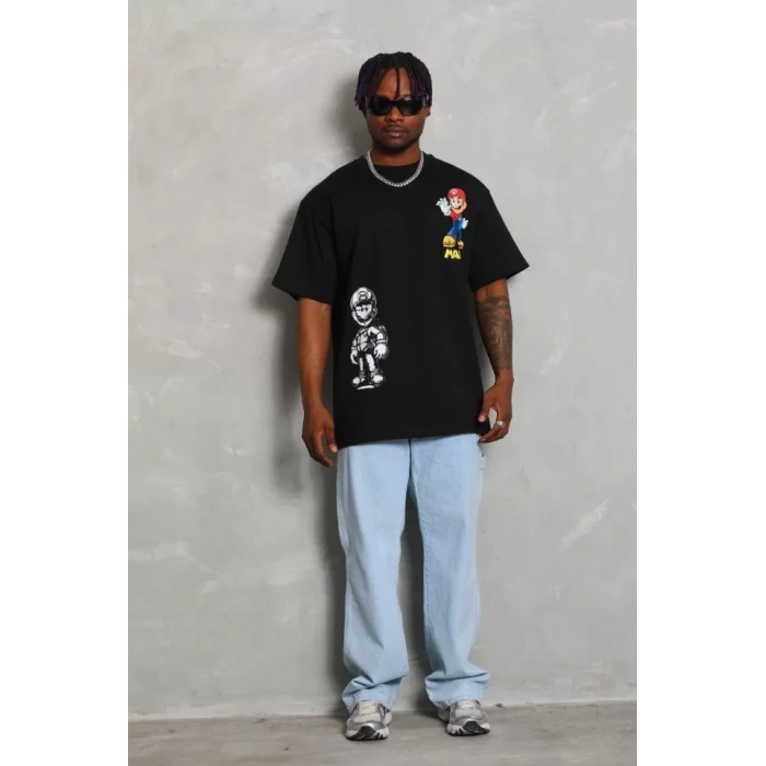 Unisex Oversize Baskılı Bisiklet Yaka Thirt  iyah