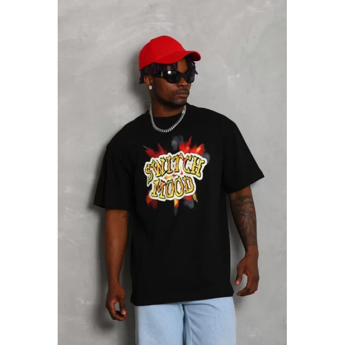 Unisex Oversize Baskılı Bisiklet Yaka Thirt  iyah