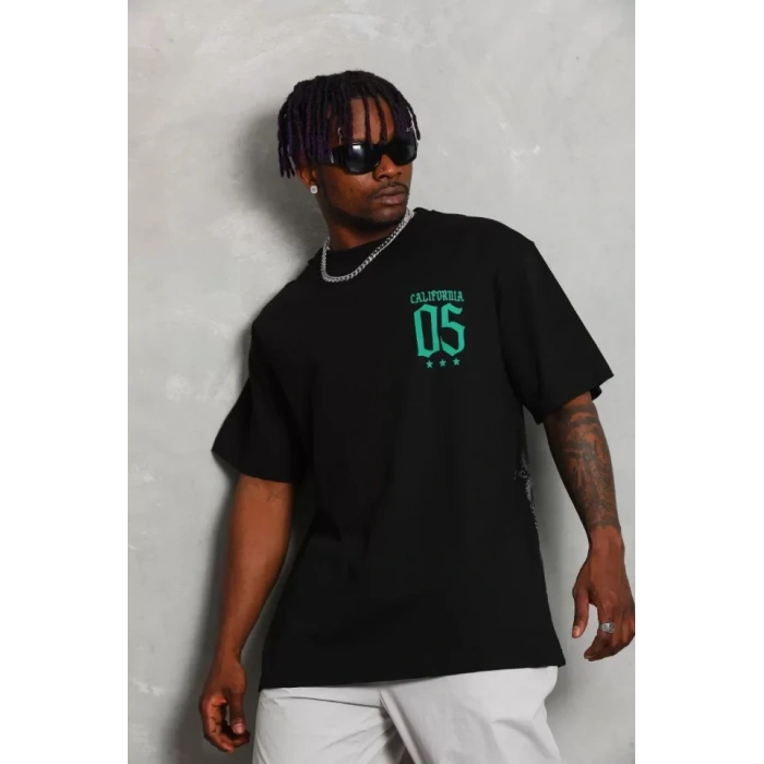 Unisex Oversize Baskılı Bisiklet Yaka Thirt  iyah