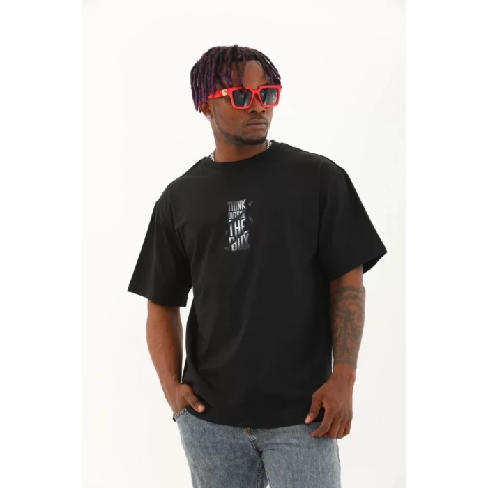 Unisex Oversize Baskılı Bisiklet Yaka Thirt  iyah