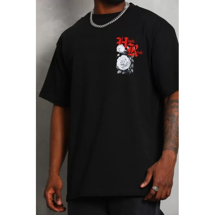 Unisex Oversize Baskılı Bisiklet Yaka Thirt  iyah