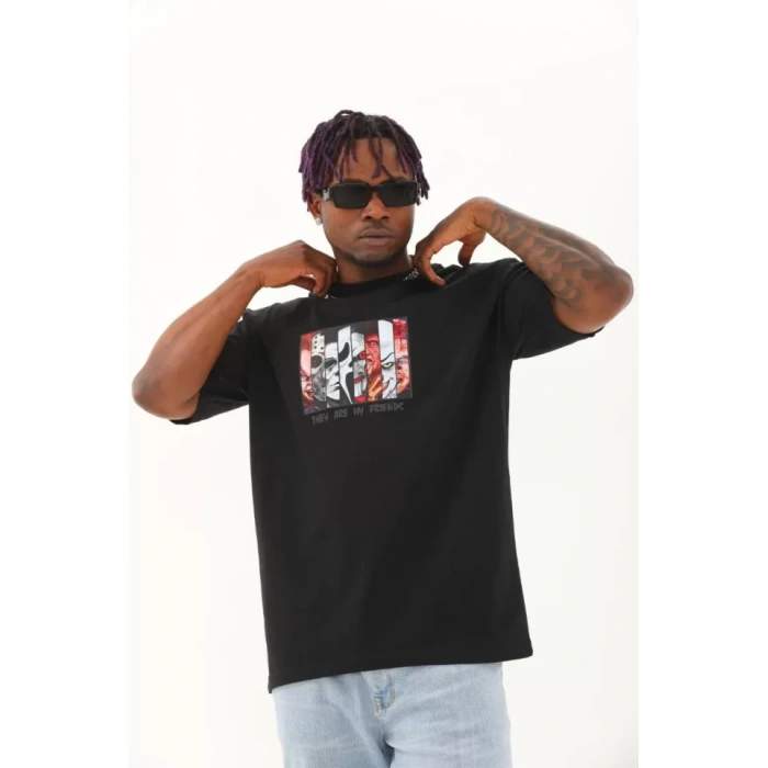 Unisex Oversize Baskılı Bisiklet Yaka Thirt  iyah