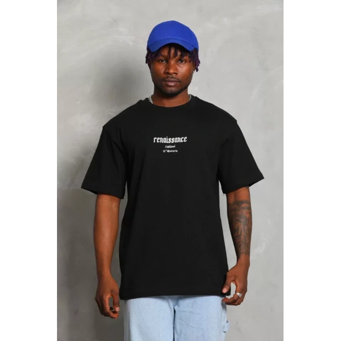 Unisex Oversize Baskılı Bisiklet Yaka Thirt  iyah