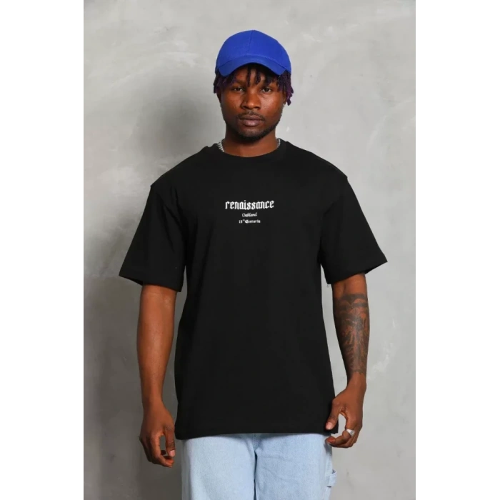 Unisex Oversize Baskılı Bisiklet Yaka Thirt  iyah