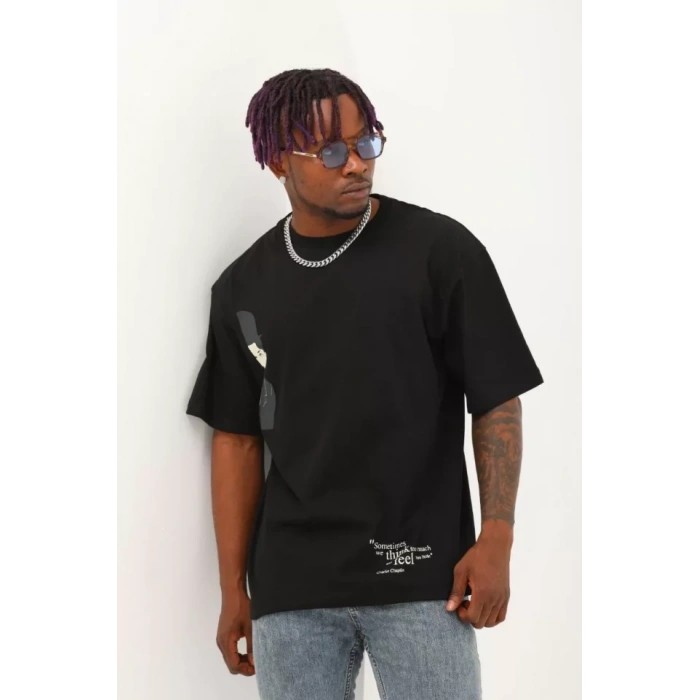 Unisex Oversize Baskılı Bisiklet Yaka Thirt  iyah