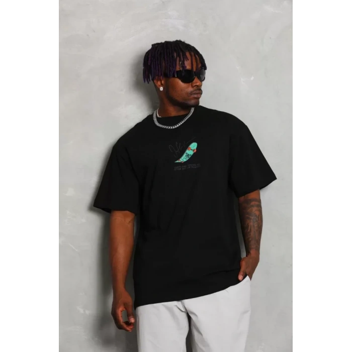 Unisex Oversize Baskılı Bisiklet Yaka Thirt  iyah