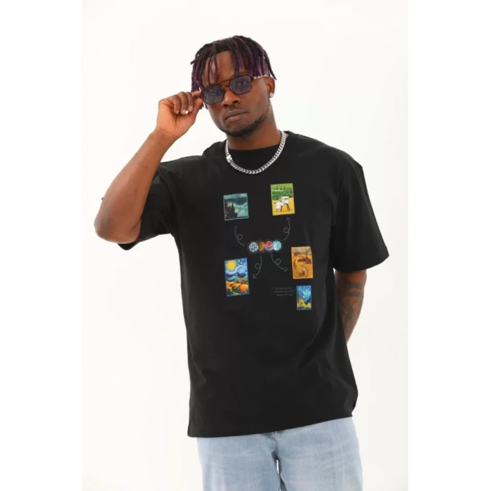 Unisex Oversize Baskılı Bisiklet Yaka Thirt  iyah