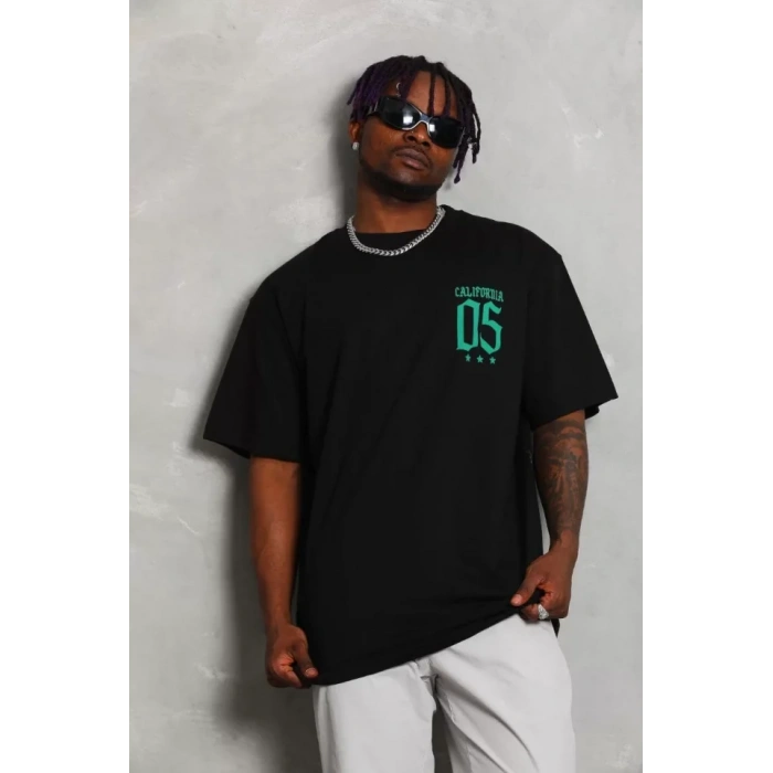 Unisex Oversize Baskılı Bisiklet Yaka Thirt  iyah