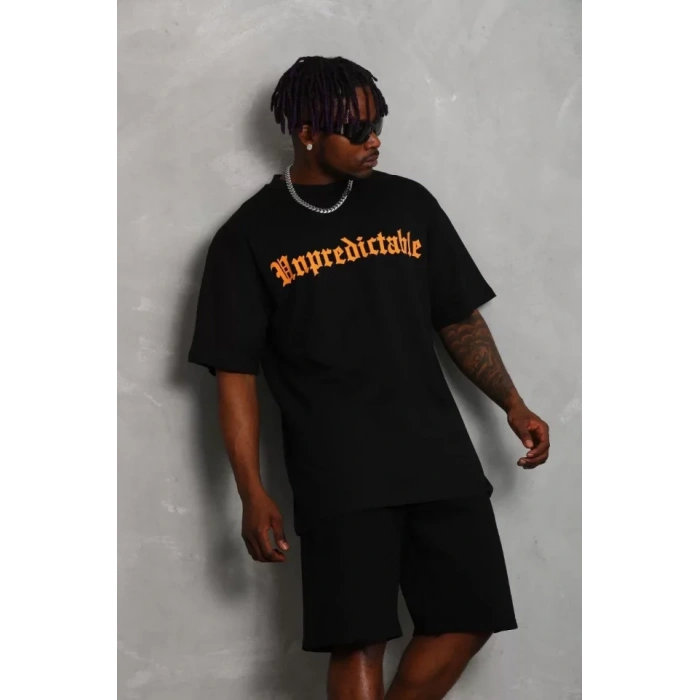 Unisex Oversize Baskılı Bisiklet Yaka Thirt  iyah