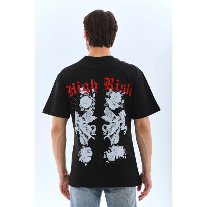 Unisex Oversize Baskılı Bisiklet Yaka Thirt  iyah