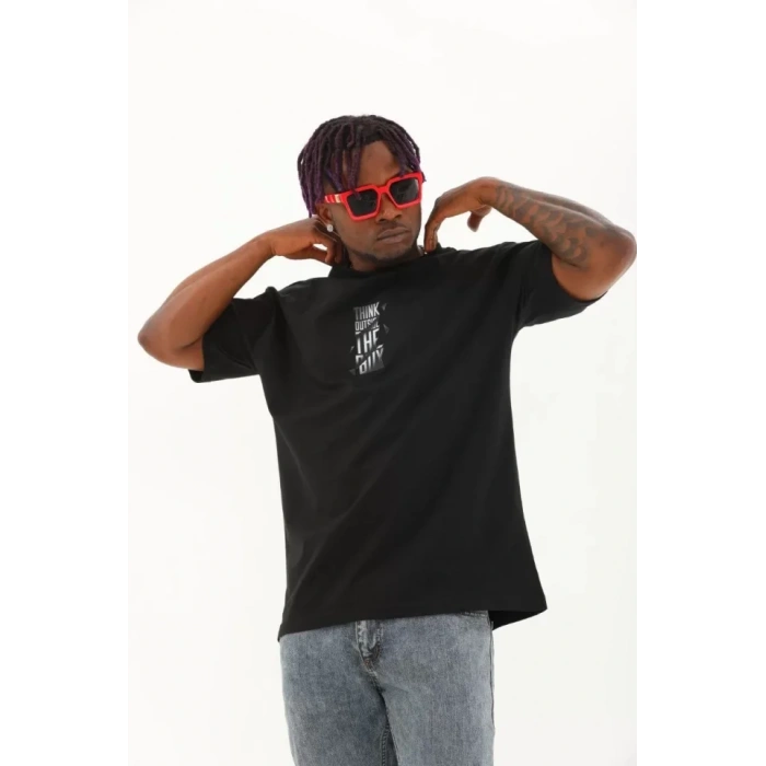 Unisex Oversize Baskılı Bisiklet Yaka Thirt  iyah