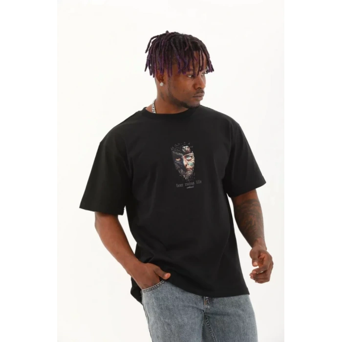 Unisex Oversize Baskılı Bisiklet Yaka Thirt  iyah