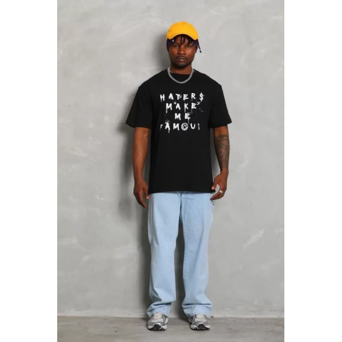 Unisex Oversize Baskılı Bisiklet Yaka Thirt  iyah