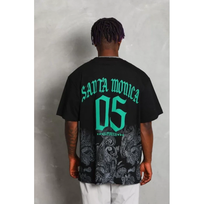 Unisex Oversize Baskılı Bisiklet Yaka Thirt  iyah