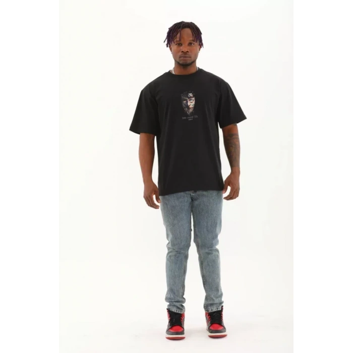 Unisex Oversize Baskılı Bisiklet Yaka Thirt  iyah