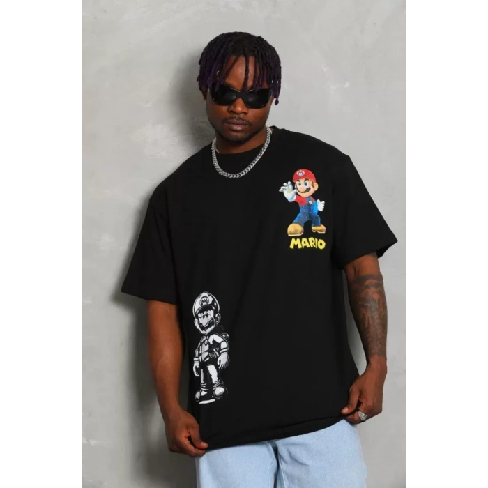 Unisex Oversize Baskılı Bisiklet Yaka Thirt  iyah