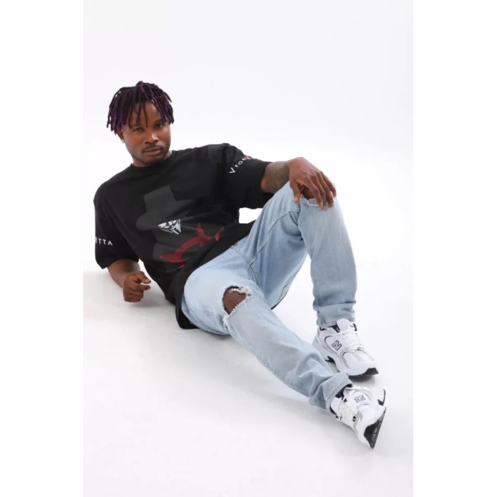 Unisex Oversize Baskılı Bisiklet Yaka Thirt  iyah