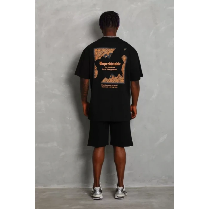 Unisex Oversize Baskılı Bisiklet Yaka Thirt  iyah