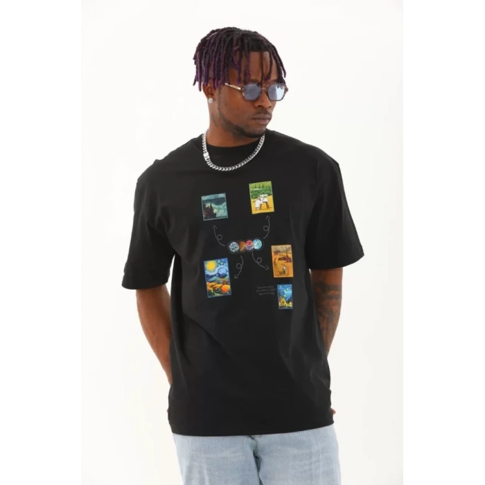 Unisex Oversize Baskılı Bisiklet Yaka Thirt  iyah