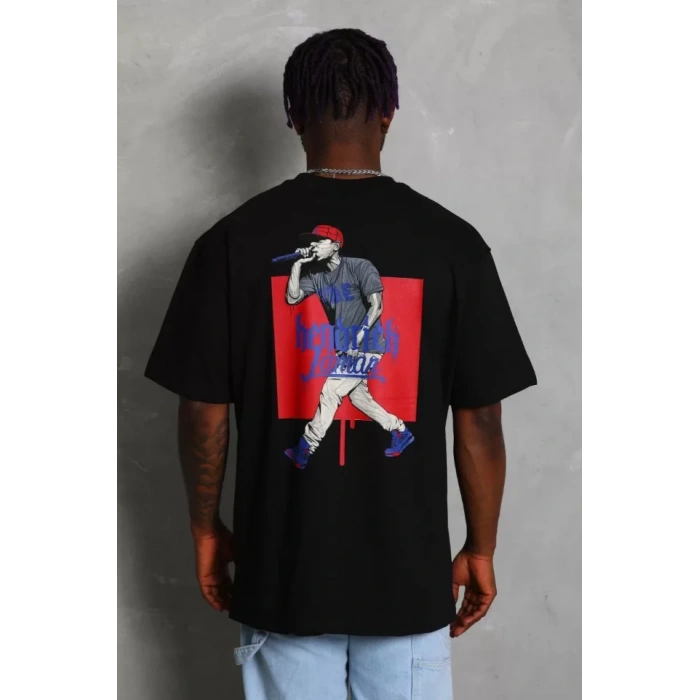 Unisex Oversize Baskılı Bisiklet Yaka Thirt  iyah