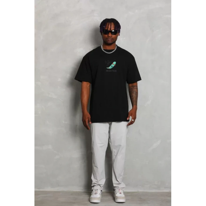 Unisex Oversize Baskılı Bisiklet Yaka Thirt  iyah