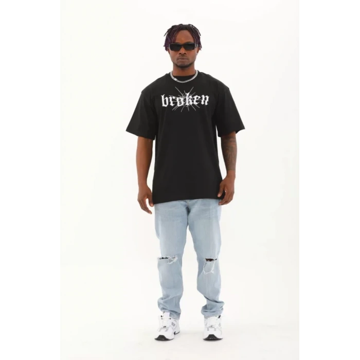 Unisex Oversize Baskılı Bisiklet Yaka Thirt  iyah