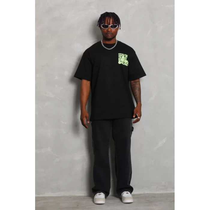 Unisex Oversize Baskılı Bisiklet Yaka Thirt  iyah