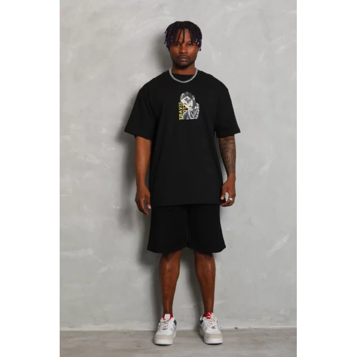 Unisex Oversize Baskılı Bisiklet Yaka Thirt  iyah