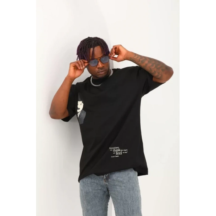 Unisex Oversize Baskılı Bisiklet Yaka Thirt  iyah