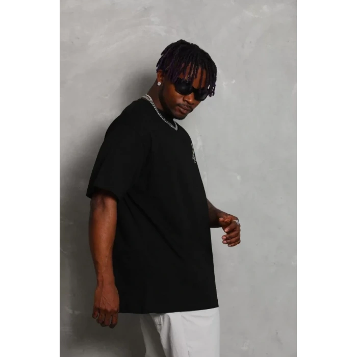 Unisex Oversize Baskılı Bisiklet Yaka Thirt  iyah