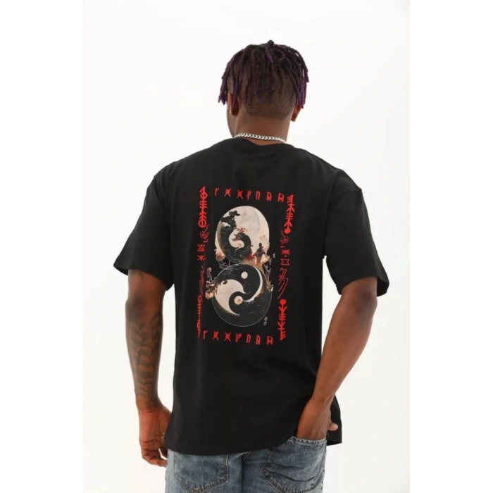 Unisex Oversize Baskılı Bisiklet Yaka Thirt  iyah