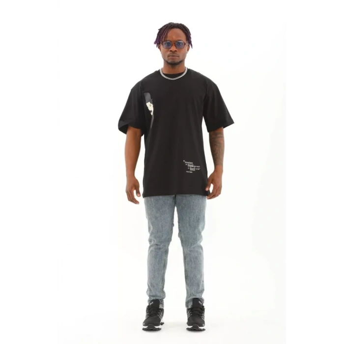 Unisex Oversize Baskılı Bisiklet Yaka Thirt  iyah